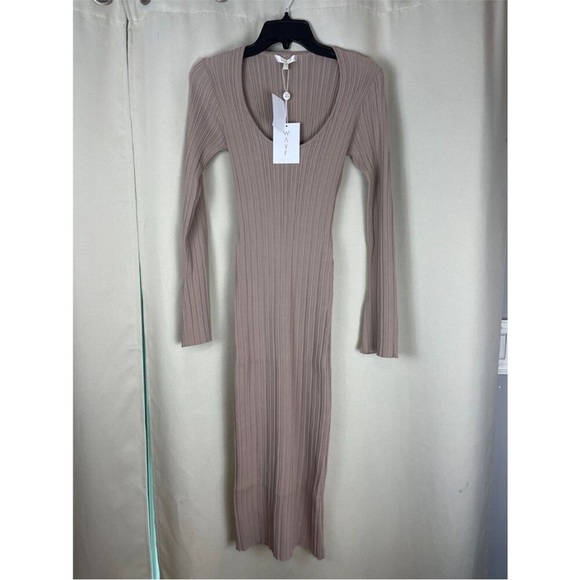 WAYF Women’s Alexi Long Sleeve Rib Elegant Tan Ribbed Dress Size M NWT - Picture 2 of 5